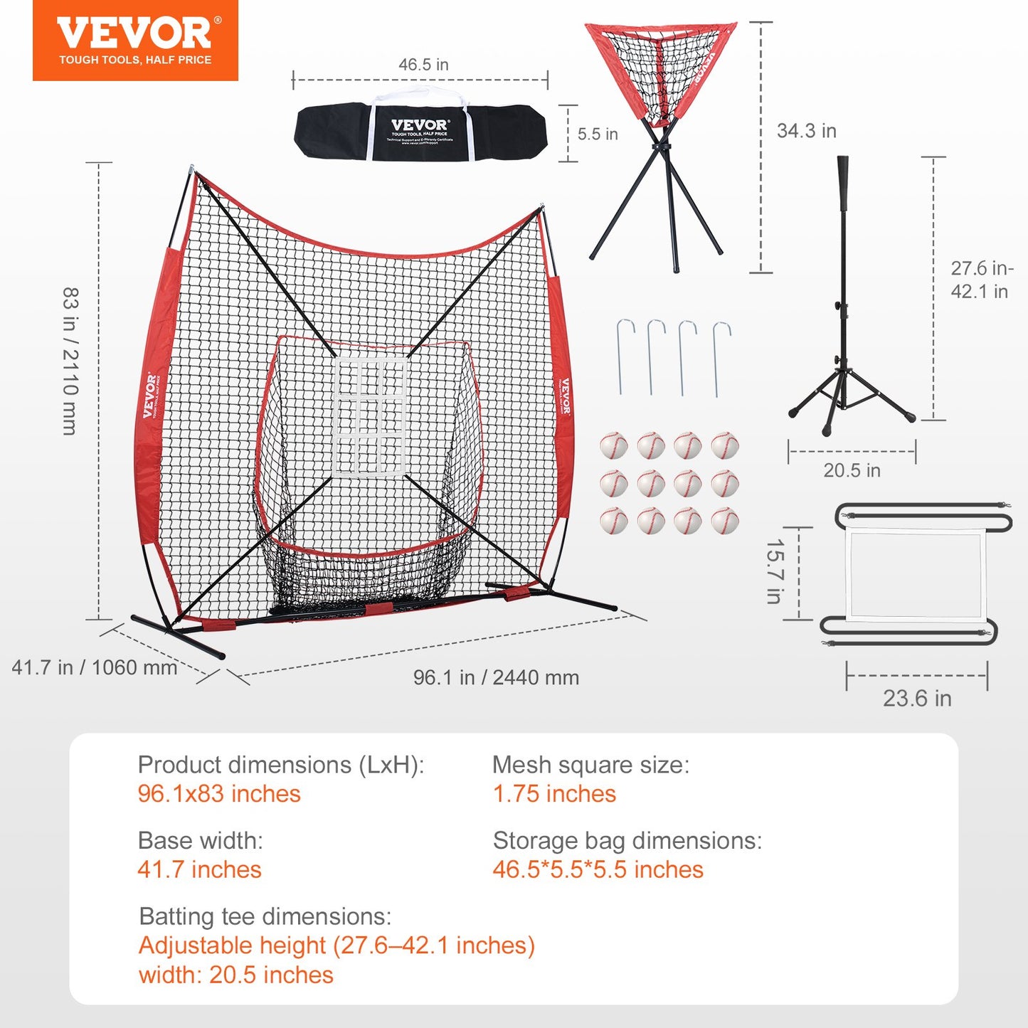 7x7 ft Baseball Softball Training Net, Portable Baseball Training Net for Hitting Catching Pitching, Backstop Equipment with Bow, Carrying Bag, Strike Zone, 12 Balls, Tee and Ball Collector
