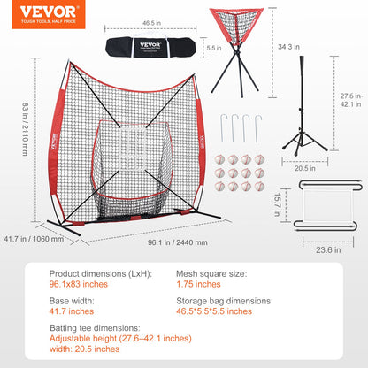 7x7 ft Baseball Softball Training Net, Portable Baseball Training Net for Hitting Catching Pitching, Backstop Equipment with Bow, Carrying Bag, Strike Zone, 12 Balls, Tee and Ball Collector