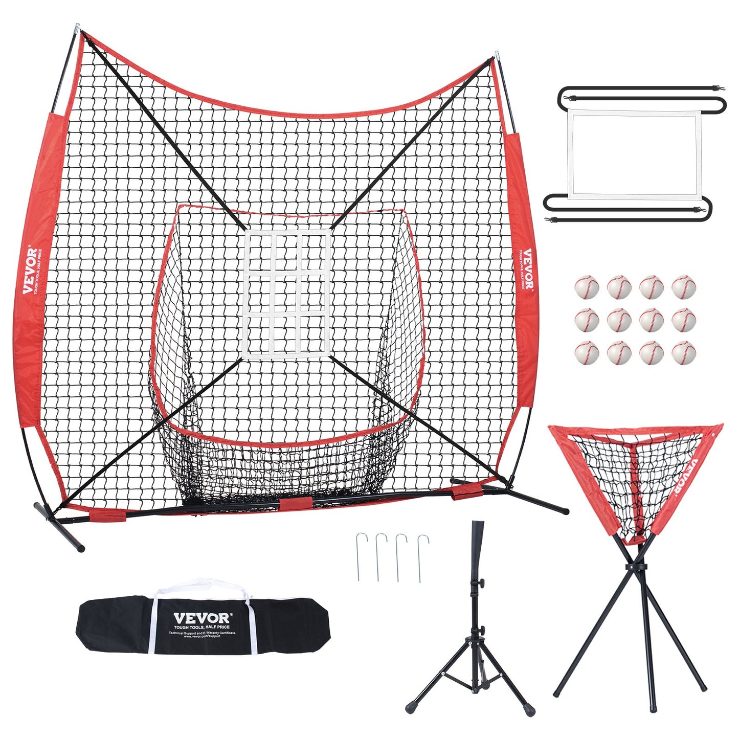 7x7 ft Baseball Softball Training Net, Portable Baseball Training Net for Hitting Catching Pitching, Backstop Equipment with Bow, Carrying Bag, Strike Zone, 12 Balls, Tee and Ball Collector
