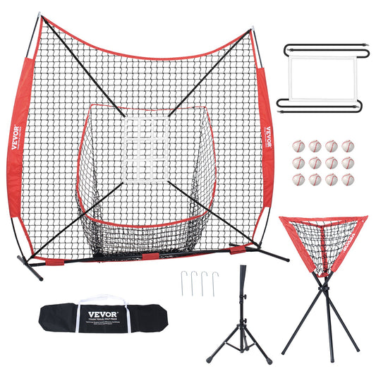 7x7 ft Baseball Softball Training Net, Portable Baseball Training Net for Hitting Catching Pitching, Backstop Equipment with Bow, Carrying Bag, Strike Zone, 12 Balls, Tee and Ball Collector
