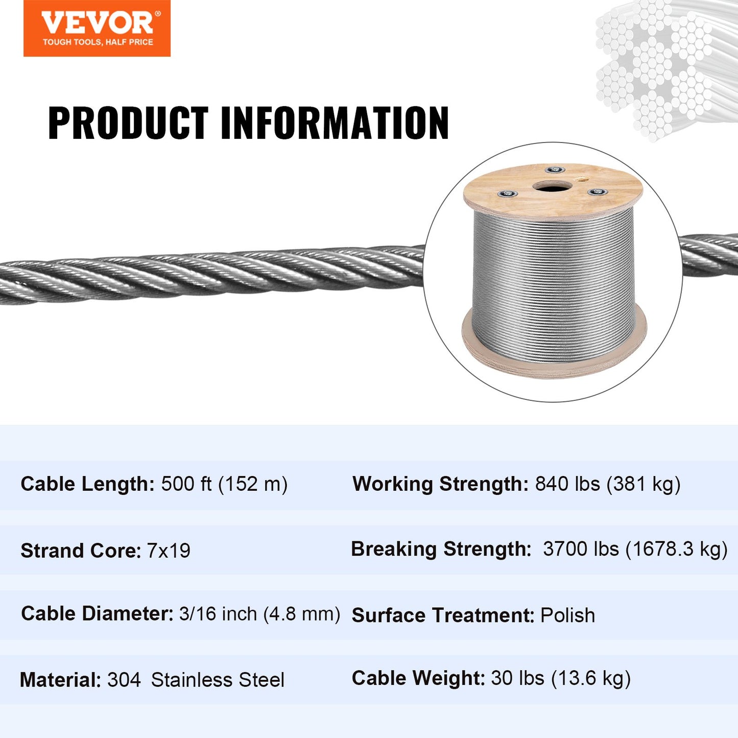 3/16 Inch 7x19 Stainless Steel Aircraft Cable Reel 500FT Stainless Steel Cable T304 Wire Rope Winch Cable Replacement (T304)