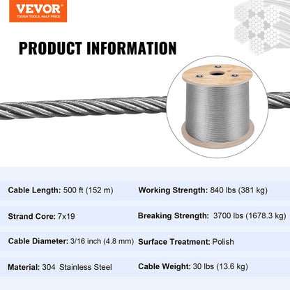 3/16 Inch 7x19 Stainless Steel Aircraft Cable Reel 500FT Stainless Steel Cable T304 Wire Rope Winch Cable Replacement (T304)