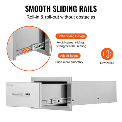 14x8.5 Inch Outdoor Kitchen Drawers Stainless Steel, Flush Mount Double Drawers,14W x 8.5H x 23D Inch, with Stainless Steel Handle, BBQ Drawers for Outdoor Kitchens or BBQ Island