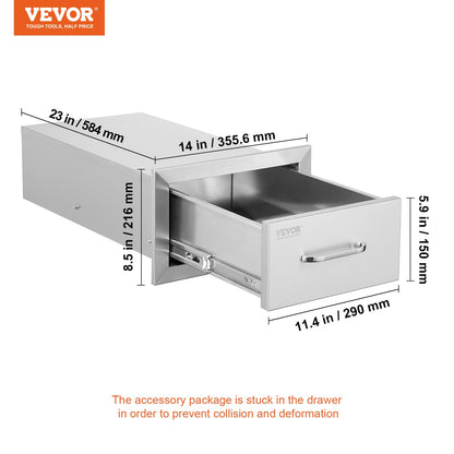14x8.5 Inch Outdoor Kitchen Drawers Stainless Steel, Flush Mount Double Drawers,14W x 8.5H x 23D Inch, with Stainless Steel Handle, BBQ Drawers for Outdoor Kitchens or BBQ Island