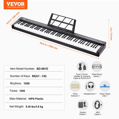 88 Keys Digital Piano Keyboard Semi-Weighted Electric Portable Full Size