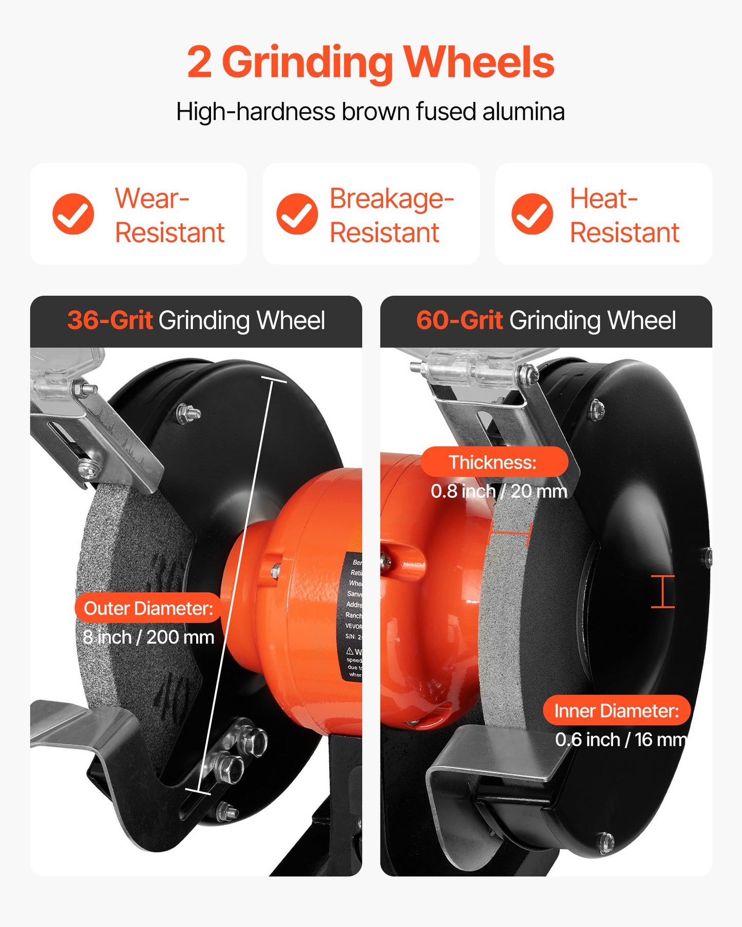 Bench Grinder, 8-inch Variable Speed Bench Grinder, 2000-3450RPM Table Grinders with 550W 5.0A Induction Motor, 36/60-Grit Grinding Wheel & Adjustable Eye Shield for Sharpening Grinding