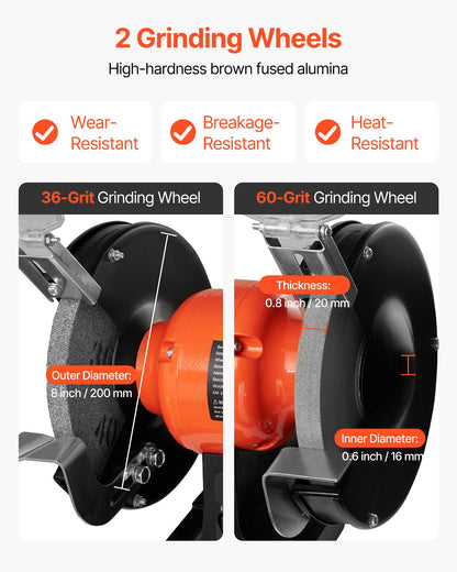 Bench Grinder, 8-inch Variable Speed Bench Grinder, 2000-3450RPM Table Grinders with 550W 5.0A Induction Motor, 36/60-Grit Grinding Wheel & Adjustable Eye Shield for Sharpening Grinding