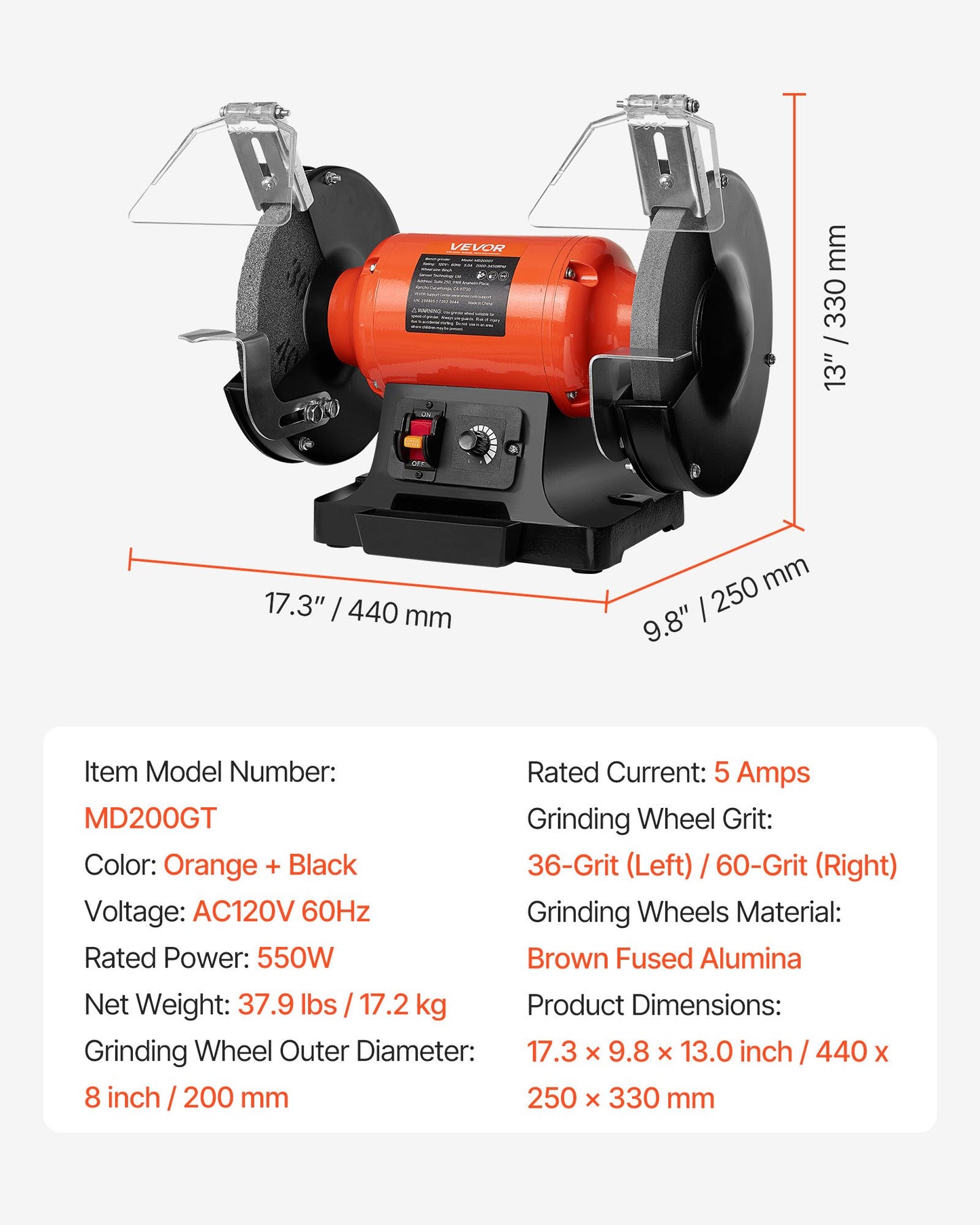 Bench Grinder, 8-inch Variable Speed Bench Grinder, 2000-3450RPM Table Grinders with 550W 5.0A Induction Motor, 36/60-Grit Grinding Wheel & Adjustable Eye Shield for Sharpening Grinding