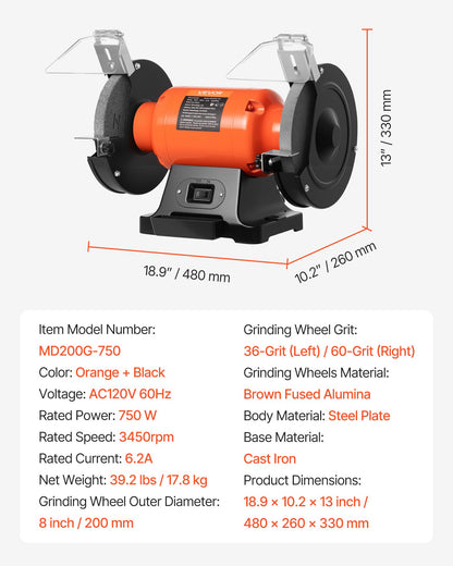 Bench Grinder, 8-inch Single Speed Bench Grinder, 3450RPM High-Speed Table Grinders with 750W 6.2A Induction Motor, 36/60-Grit Grinding Wheel & Adjustable Eye Shield for Fast Sharpening Grinding