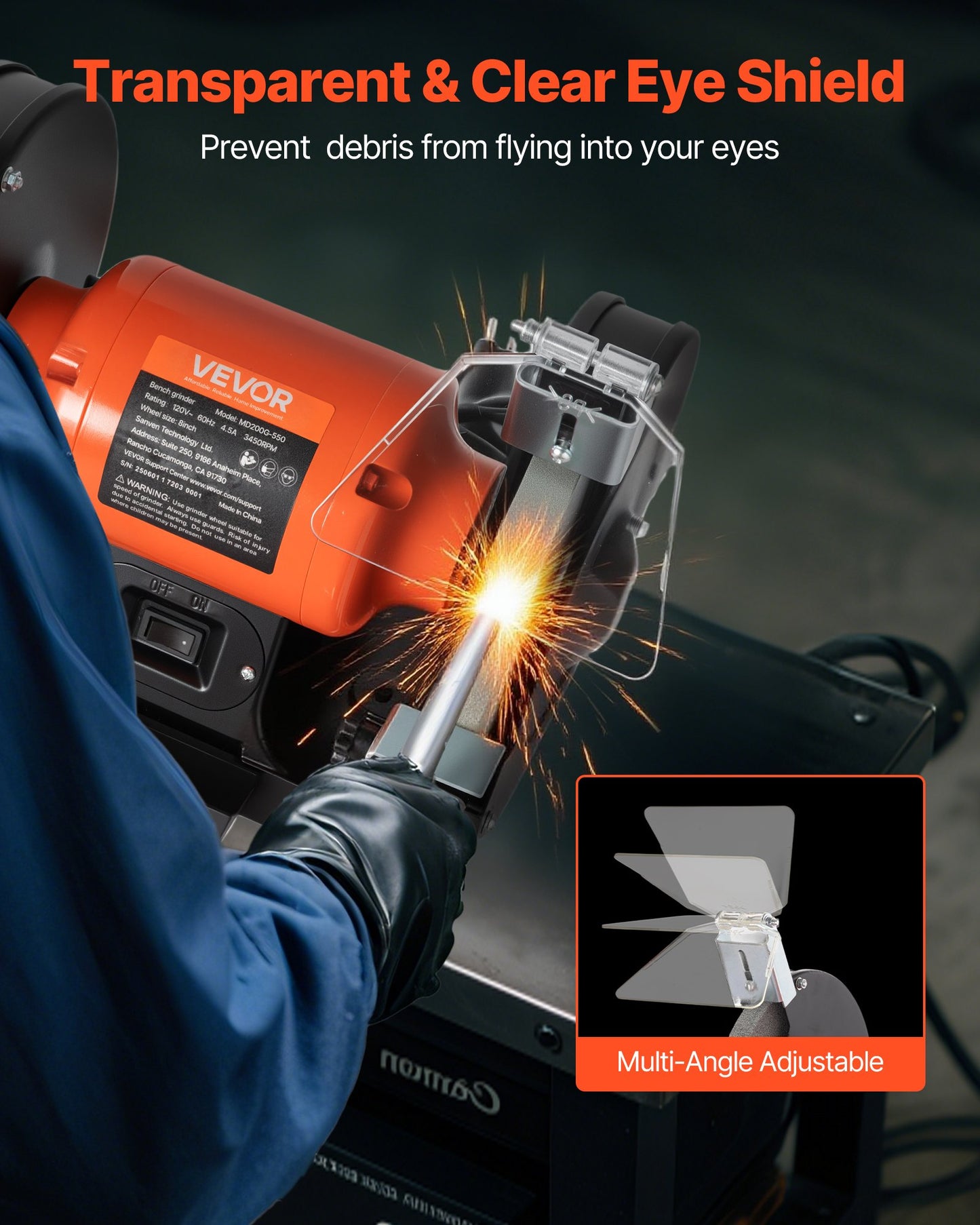 Bench Grinder, 8-inch Single Speed Bench Grinder, 3450RPM High-Speed Table Grinders with 550W 4.5A Induction Motor, 36/60-Grit Grinding Wheel & Adjustable Eye Shield for Fast Sharpening Grinding