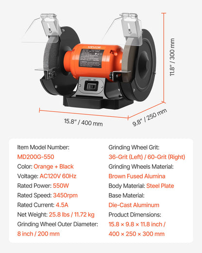 Bench Grinder, 8-inch Single Speed Bench Grinder, 3450RPM High-Speed Table Grinders with 550W 4.5A Induction Motor, 36/60-Grit Grinding Wheel & Adjustable Eye Shield for Fast Sharpening Grinding
