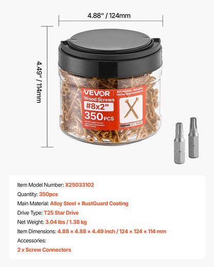 Wood Screws 350 PCS, #8 x 2-Inch Anti-Rust Coated, Exterior Deck Screw Torx/T25 Star Drive, Metal Rust-Resistant Outdoor Decking Screws with 2 Screw Connectors, for Decking Fencing Framing