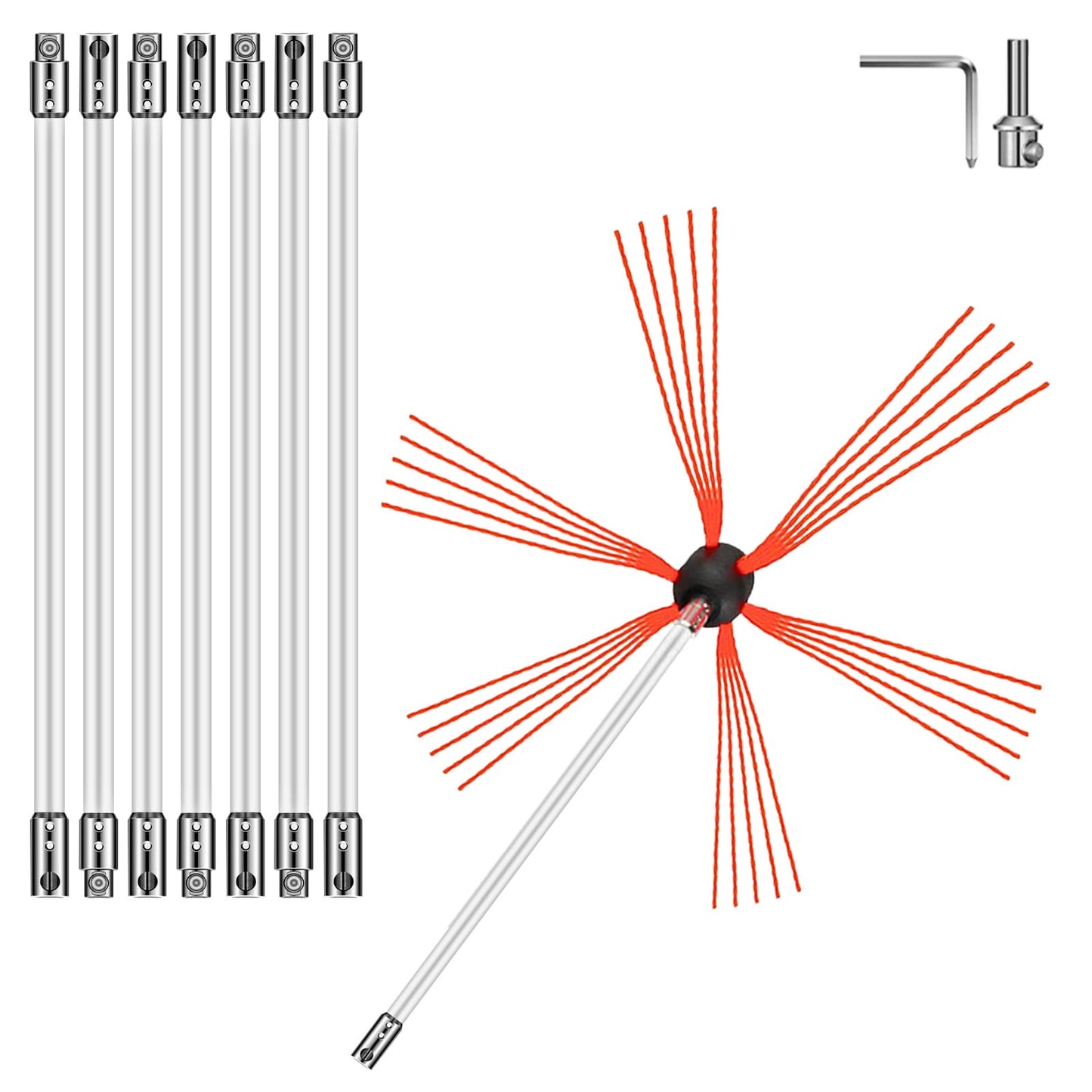 Flexibla skorstensrengöringsstänger, 26 ft soparstänger, nylonsotare skorstensrengöringssats, flexibla borsthuvuden soparstänger Lätt att ansluta skorstensborste med 8 vita stavar