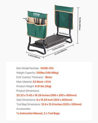 Garden Kneeler and Seat, 8 in Wide Kneeling Pad, Heavy Duty Garden Kneeling Stool, Folding Garden Seat with 2 Tool Bags, Relieve Knee & Back Pain, Portable Garden Bench for Women Grandparents