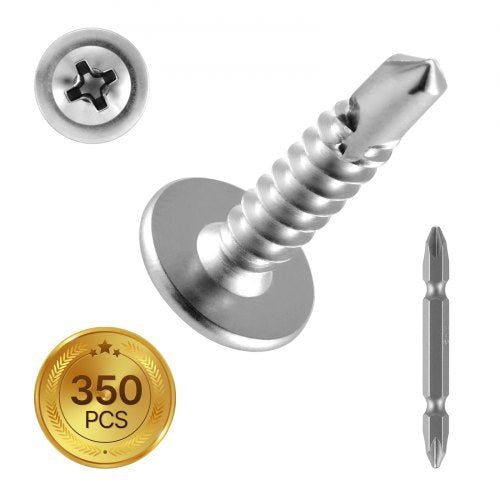 #8 Self Drilling Wood Screws, 3/4 Inch Long 350 PCS Truss Head Wood Screws, Phillips Drive Quick Metal Self Tapping Screw, Stainless Steel and Full Thread, Screwdriver Bit Included, Silver