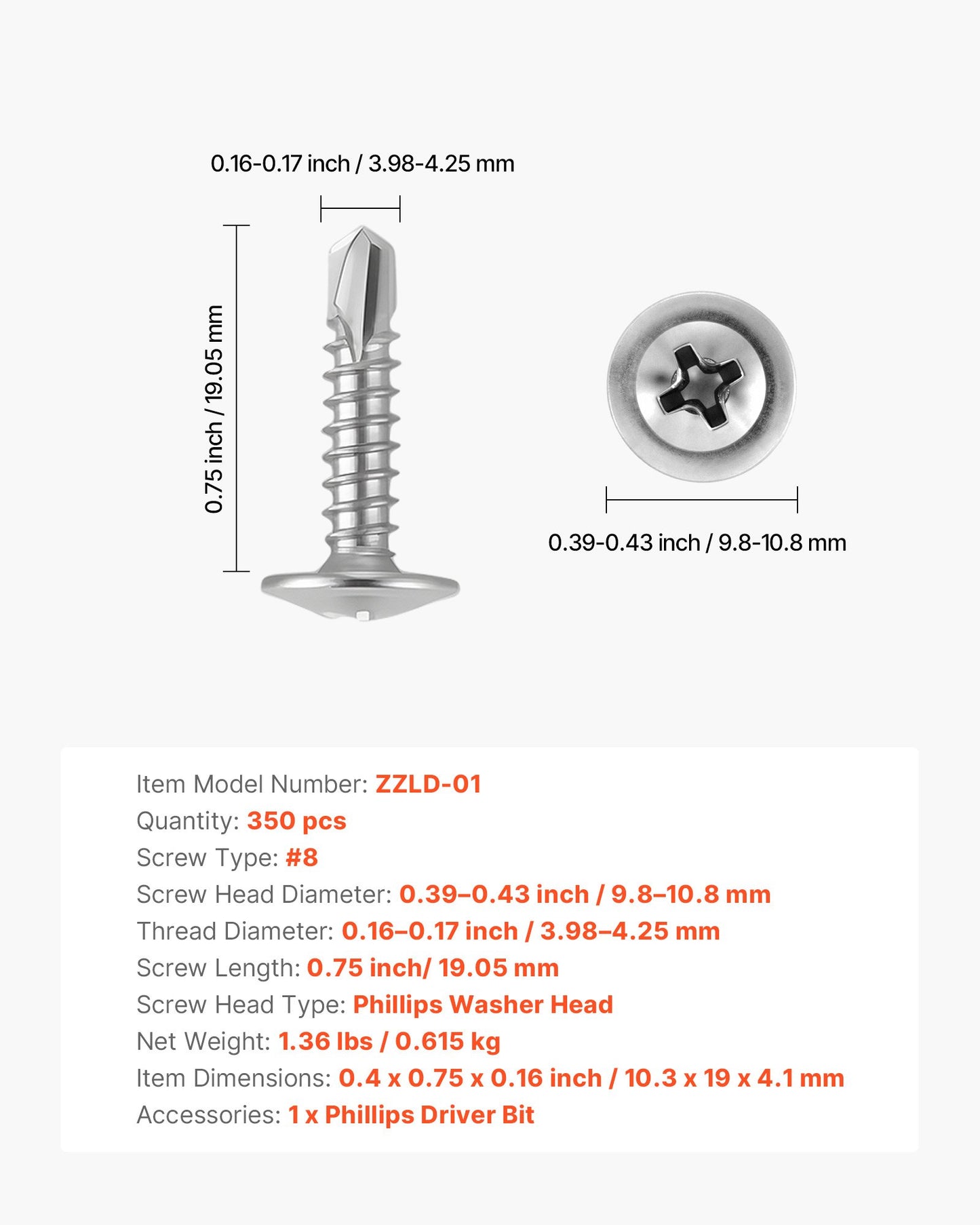 #8 Self Drilling Wood Screws, 3/4 Inch Long 350 PCS Truss Head Wood Screws, Phillips Drive Quick Metal Self Tapping Screw, Stainless Steel and Full Thread, Screwdriver Bit Included, Silver