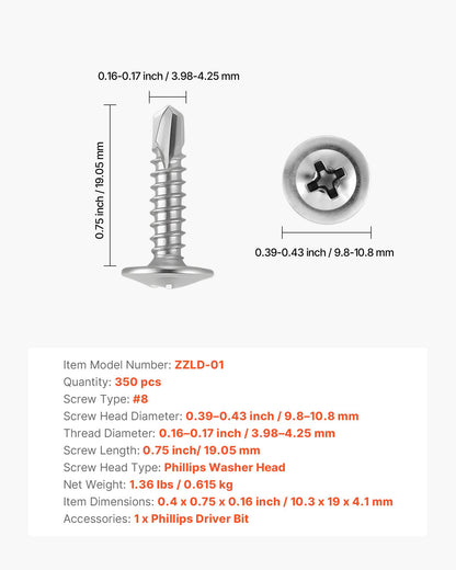 #8 Self Drilling Wood Screws, 3/4 Inch Long 350 PCS Truss Head Wood Screws, Phillips Drive Quick Metal Self Tapping Screw, Stainless Steel and Full Thread, Screwdriver Bit Included, Silver