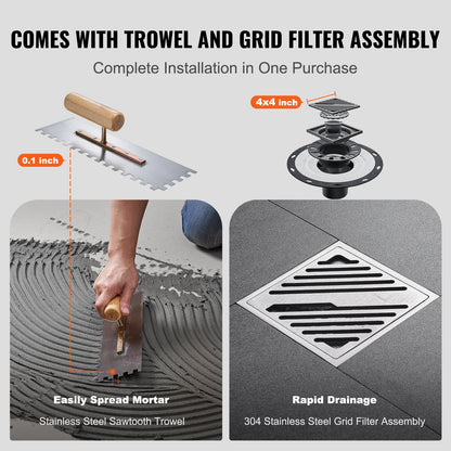 Shower Curb Kit, 72"x72" Shower Pan Kit with 2" ABS Central Flange, 4" Stainless Steel Grate, Waterproof Shower Curb & Membrane & Strip, Shower Pan Slope Sticks Fit for Bathroom