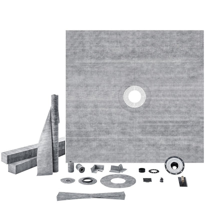 Shower Curb Kit, 72"x72" Shower Pan Kit with 2" ABS Central Flange, 4" Stainless Steel Grate, Waterproof Shower Curb & Membrane & Strip, Shower Pan Slope Sticks Fit for Bathroom