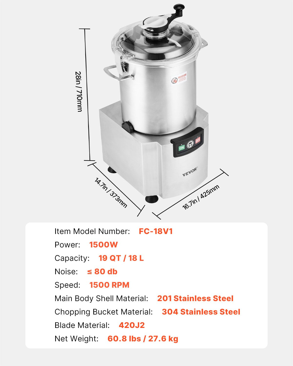 Food Processor &amp; Vegetable Chopper 18L Food Grade Stainless Steel Mixer