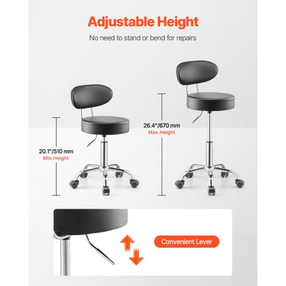 Shop Hocker, verstellbarer Garagensitz, 136 kg Tragkraft, mit Rückenlehne und Rädern | EU