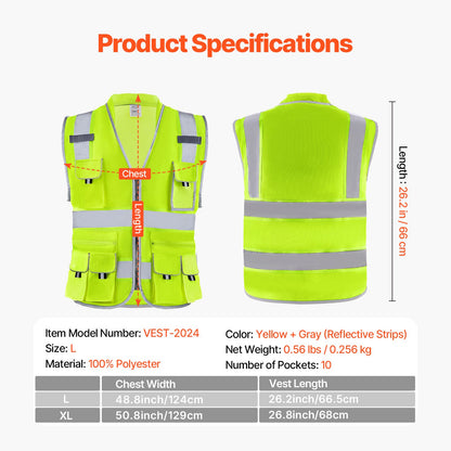 Safety Vest, 10 Pockets Yellow Safety Vest, High Visibility Zipper Front Safety Vest with Reflective Strips, Hi Vis Work Construction Vest with Pockets and Walkie-Talkie Clip, for Men & Woman