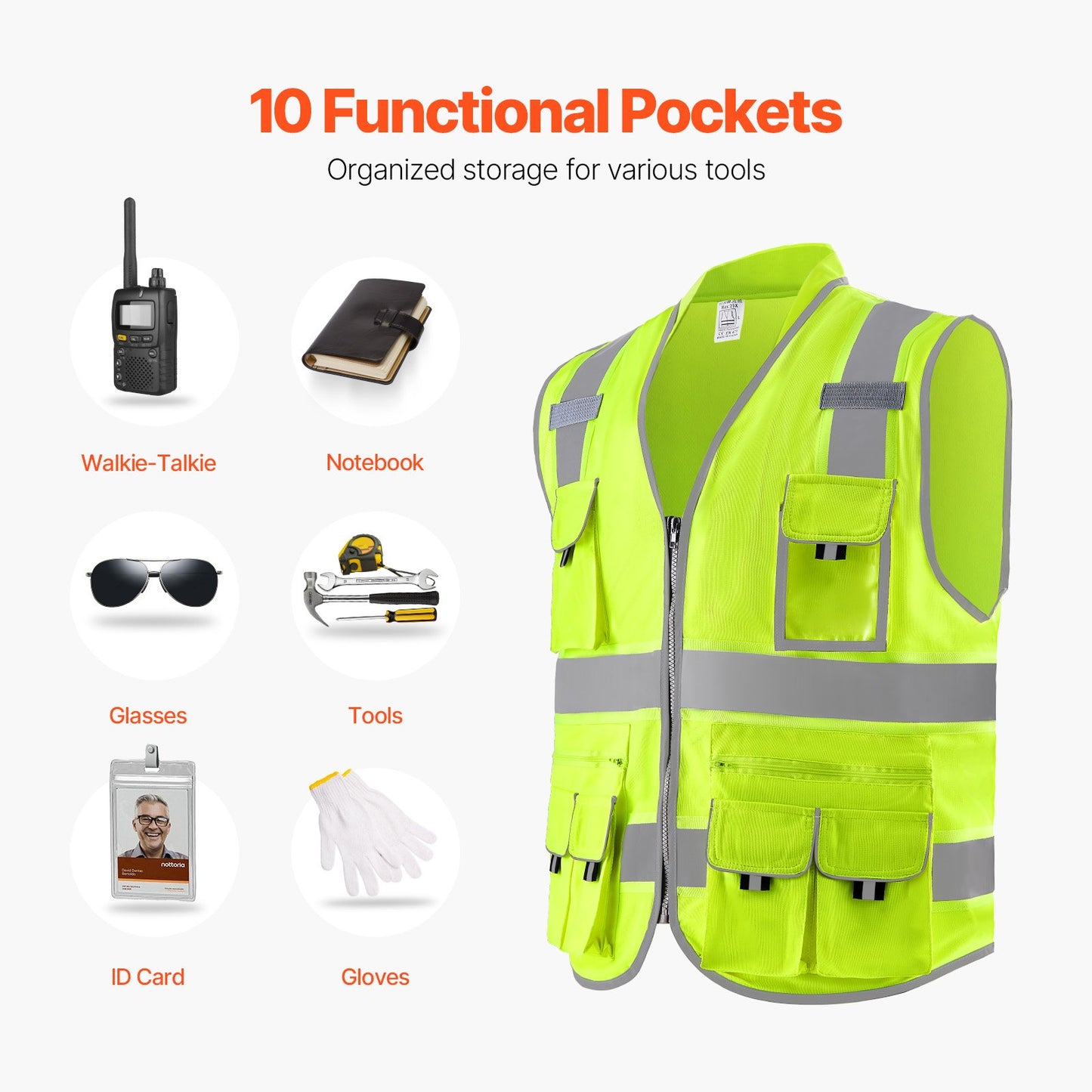 Safety Vest, 10 Pockets Yellow Safety Vest, Hi Vis Zipper Front Safety Vest with Reflective Strips, High Visibility Work Construction Vest with Pockets and Walkie-Talkie Clip, for Men & Woman