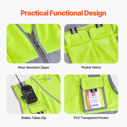 Safety Vest, 10 Pockets Yellow Safety Vest, Hi Vis Zipper Front Safety Vest with Reflective Strips, High Visibility Work Construction Vest with Pockets and Walkie-Talkie Clip, for Men & Woman