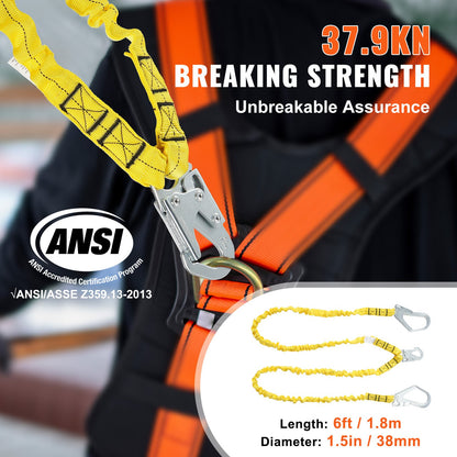 38mm Safety Lanyard, 6ft(1.83m) Fall Protection Lanyard with 2 Alloy Steel Snap Hooks, Retractable Safety Belt for Outdoor/Indoor Tree Climbing, 30KN Breaking Tension Lanyard, Yellow