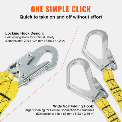 38mm Safety Lanyard, 6ft(1.83m) Fall Protection Lanyard with 2 Alloy Steel Snap Hooks, Retractable Safety Belt for Outdoor/Indoor Tree Climbing, 30KN Breaking Tension Lanyard, Yellow