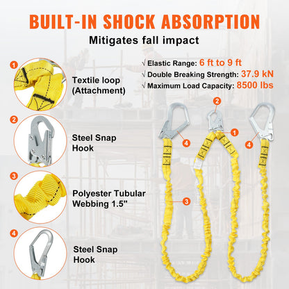 38mm Safety Lanyard, 6ft(1.83m) Fall Protection Lanyard with 2 Alloy Steel Snap Hooks, Retractable Safety Belt for Outdoor/Indoor Tree Climbing, 30KN Breaking Tension Lanyard, Yellow