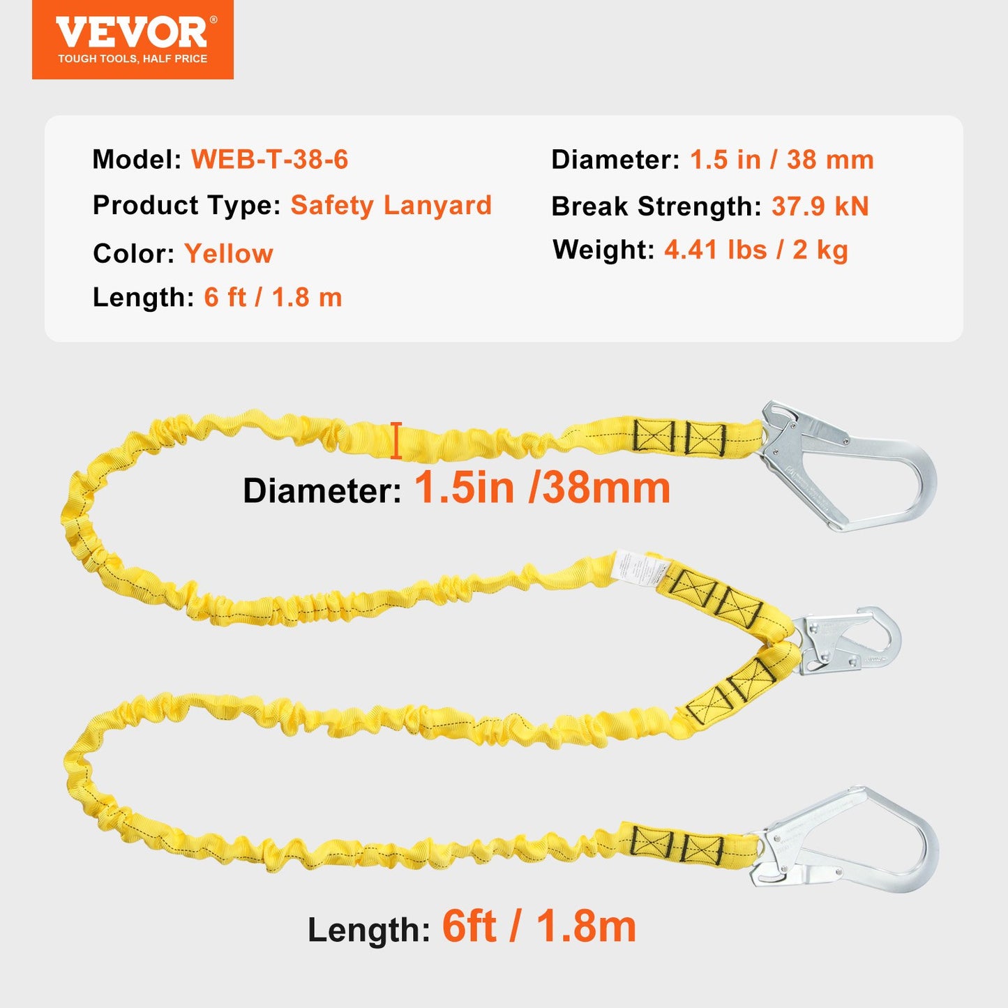 38mm Safety Lanyard, 6ft(1.83m) Fall Protection Lanyard with 2 Alloy Steel Snap Hooks, Retractable Safety Belt for Outdoor/Indoor Tree Climbing, 30KN Breaking Tension Lanyard, Yellow