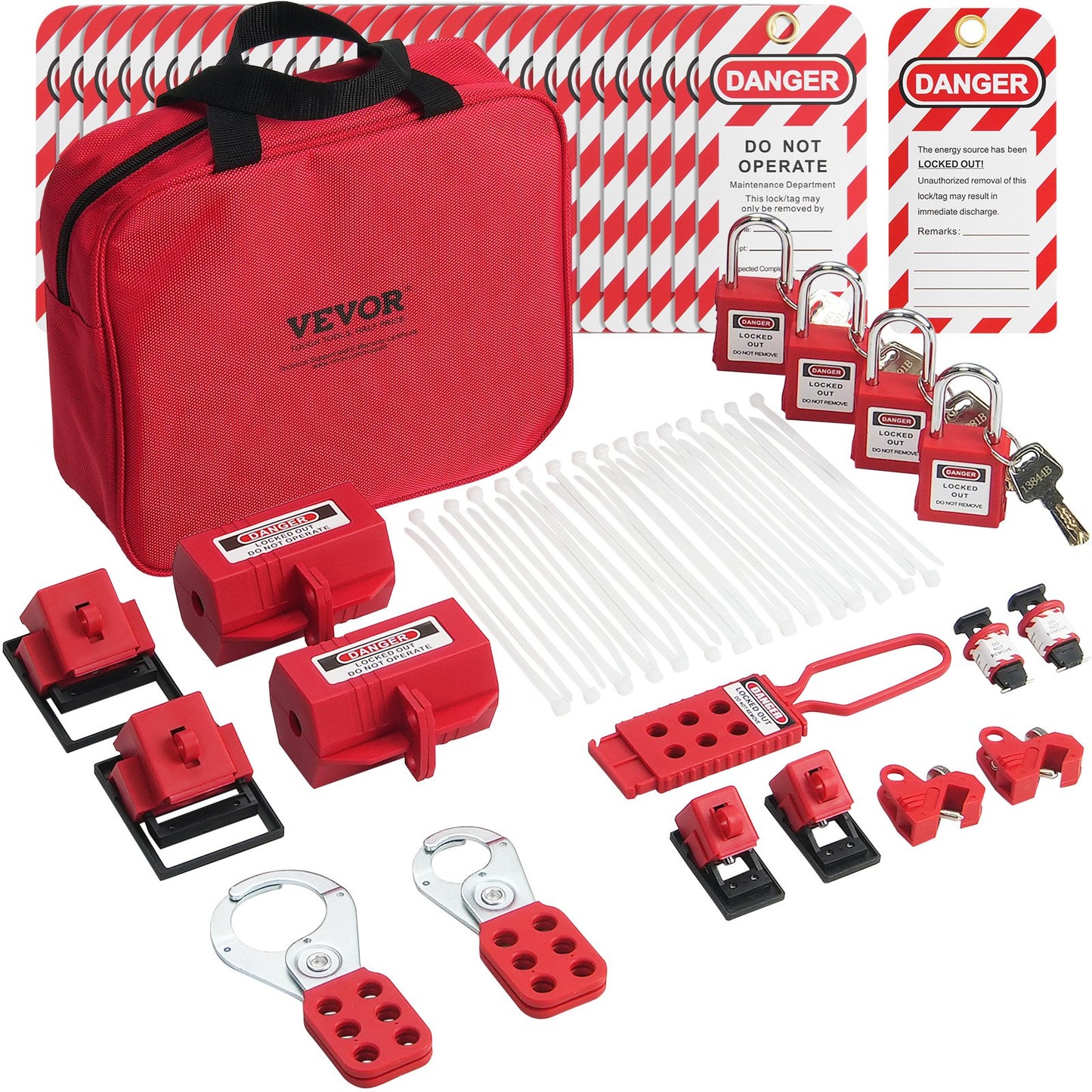 Elektrisches Lockout-Tagout-Kit, 47-teiliges Sicherheits-Loto-Kit mit Vorhängeschlössern, Haspen, Etiketten, Nylonbändern, Steckerverriegelungen, Schutzschalterverriegelungen und Tragetasche für industrielle, elektrische Stromversorgung
