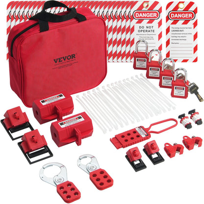 Elektrisches Lockout-Tagout-Kit, 47-teiliges Sicherheits-Loto-Kit mit Vorhängeschlössern, Haspen, Etiketten, Nylonbändern, Steckerverriegelungen, Schutzschalterverriegelungen und Tragetasche für industrielle, elektrische Stromversorgung