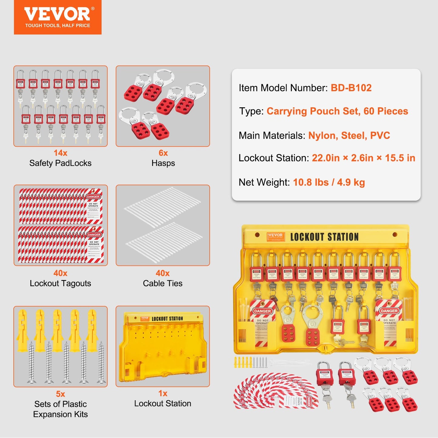 Electrical Lockout Tagout Kit, 60 PCS Safety Lockout Tagout Station Includes Padlocks, Hasps, Tags, Nylon Ties, Expansion Kit, and Lockout Station Board, for Industrial, Electric Power