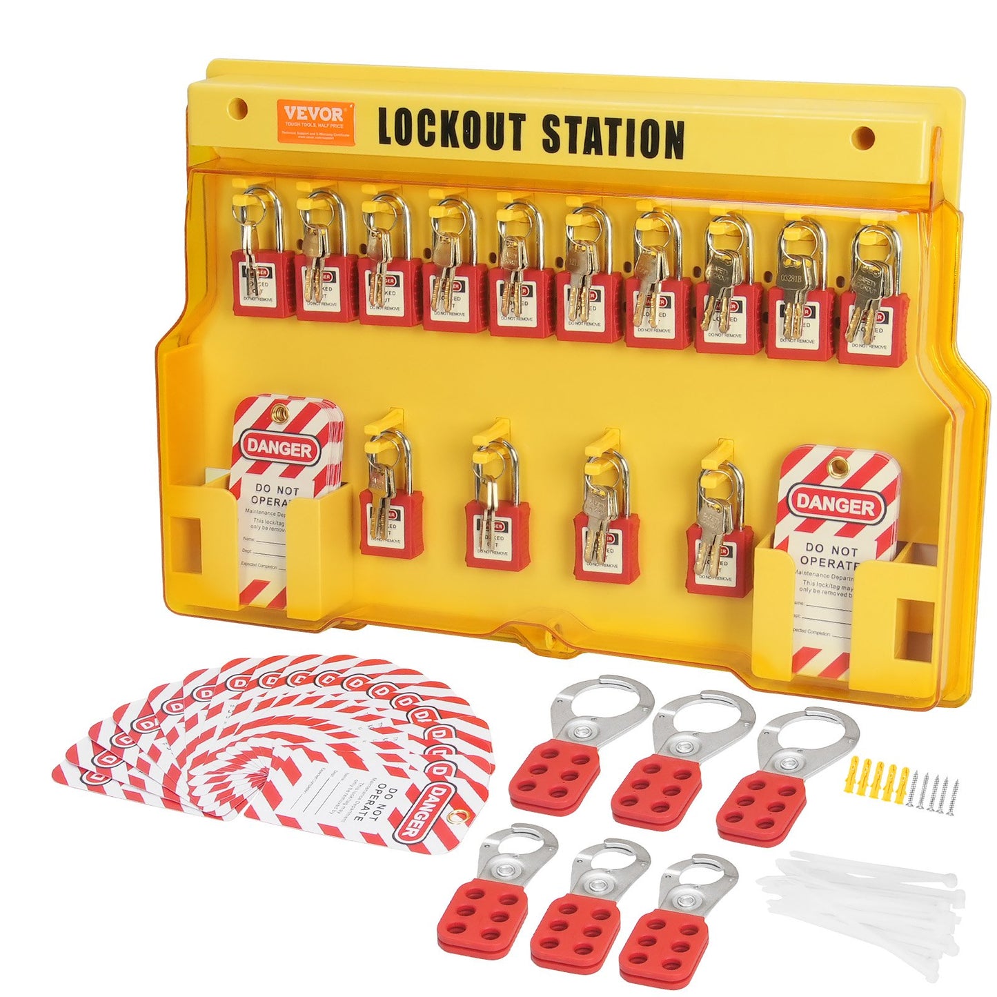 Electrical Lockout Tagout Kit, 60 PCS Safety Lockout Tagout Station includes padlocks, hasps, tags, nylon straps, expansion kit and lockout station card, for industrial, electrical power