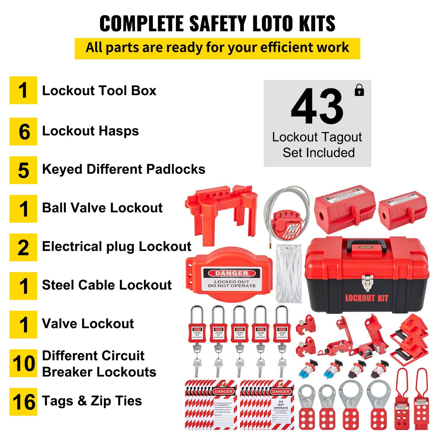 43 PCS Lockout Tagout Kits, Electrical Safety Loto Kit Includes Padlocks, 5 Kinds of Lockouts, Hasps, Tags & Ties, Box, Lockout Safety Tools for Electrical Risk Removal in Industrial, Machinery