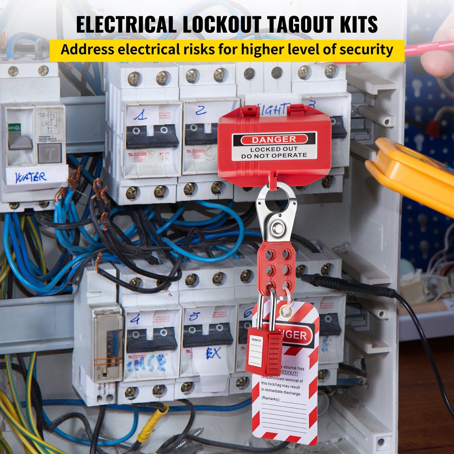 42-teiliges Lockout-Tagout-Kit, elektrisches Sicherheits-Lockout-Kit enthält Vorhängeschlösser, 5 Arten von Lockouts, Haspen, Etiketten und Riemen, Box, Lockout-Sicherheitswerkzeuge zum Entfernen elektrischer Gefahren in der Industrie, an Maschinen
