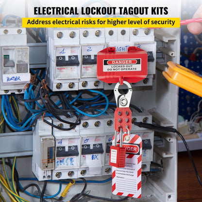 42-teiliges Lockout-Tagout-Kit, elektrisches Sicherheits-Lockout-Kit enthält Vorhängeschlösser, 5 Arten von Lockouts, Haspen, Etiketten und Riemen, Box, Lockout-Sicherheitswerkzeuge zum Entfernen elektrischer Gefahren in der Industrie, an Maschinen