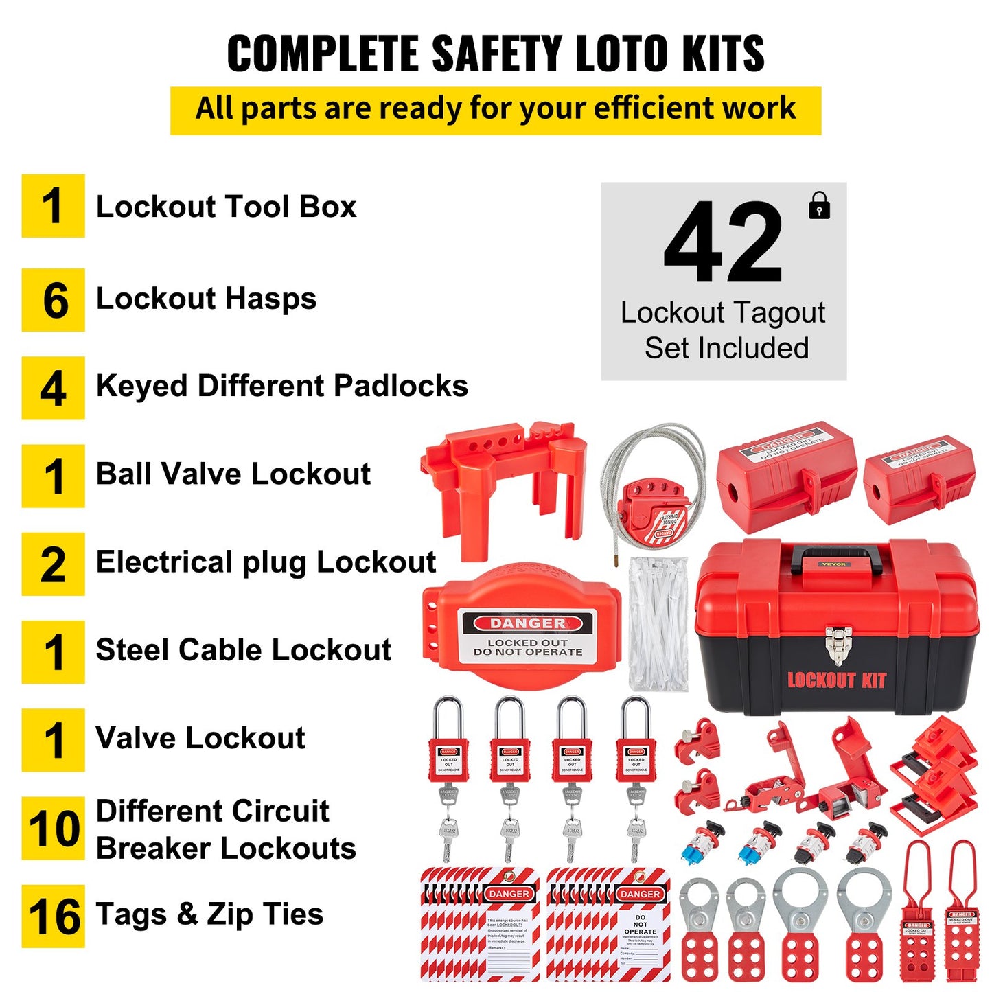 42-teiliges Lockout-Tagout-Kit, elektrisches Sicherheits-Lockout-Kit enthält Vorhängeschlösser, 5 Arten von Lockouts, Haspen, Etiketten und Riemen, Box, Lockout-Sicherheitswerkzeuge zum Entfernen elektrischer Gefahren in der Industrie, an Maschinen
