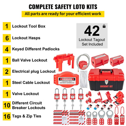 42-teiliges Lockout-Tagout-Kit, elektrisches Sicherheits-Lockout-Kit enthält Vorhängeschlösser, 5 Arten von Lockouts, Haspen, Etiketten und Riemen, Box, Lockout-Sicherheitswerkzeuge zum Entfernen elektrischer Gefahren in der Industrie, an Maschinen
