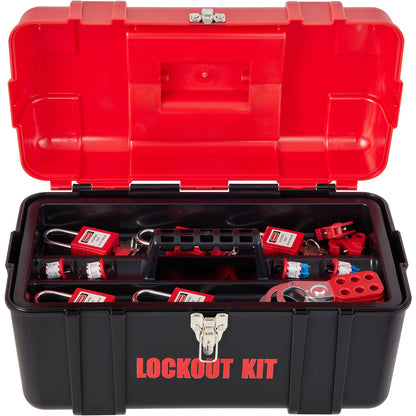 42-teiliges Lockout-Tagout-Kit, elektrisches Sicherheits-Lockout-Kit enthält Vorhängeschlösser, 5 Arten von Lockouts, Haspen, Etiketten und Riemen, Box, Lockout-Sicherheitswerkzeuge zum Entfernen elektrischer Gefahren in der Industrie, an Maschinen