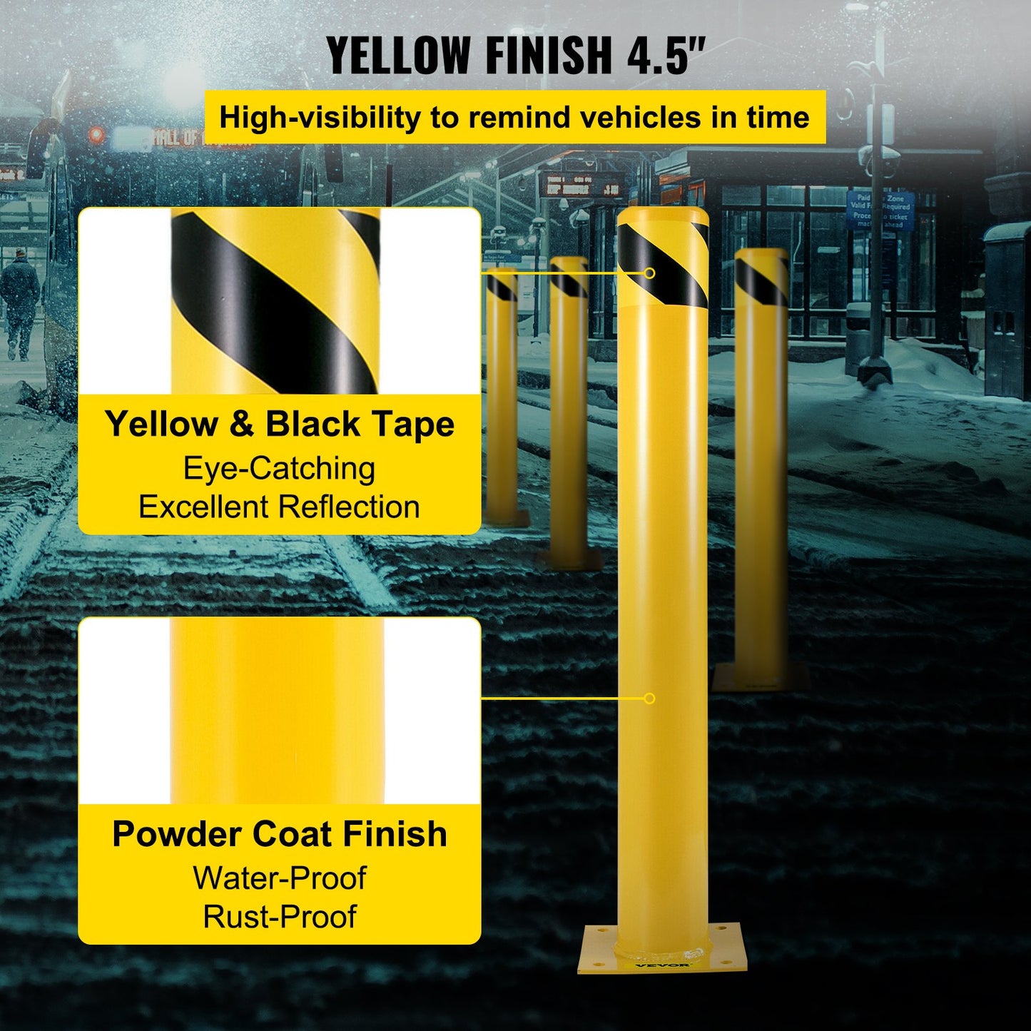 Safety Bollard 42"x4.5" Safety Barrier Bollard 4-1/2" OD 42" Height Yellow Powder Coat Pipe Steel Safety Barrier with 4 Free Anchor Bolts for Traffic-Sensitive Area