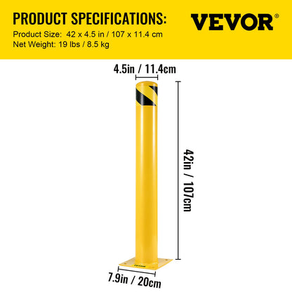 Safety Bollard 42"x4.5" Safety Barrier Bollard 4-1/2" OD 42" Height Yellow Powder Coat Pipe Steel Safety Barrier with 4 Free Anchor Bolts for Traffic-Sensitive Area