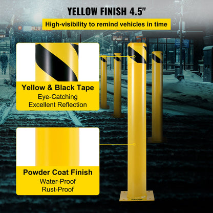 Safety Bollard 48"x4.5" Safety Barrier Bollard 4-1/2" OD 48" Height Yellow Powder Coat Pipe Steel Safety Barrier with 4 Free Anchor Bolts for Traffic-Sensitive Area
