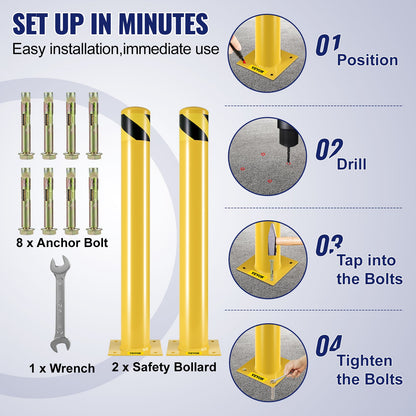 Sicherheitspoller, 36 Zoll hoher Pollerpfosten, Stahlrohrpoller mit 4,5 Zoll Durchmesser, gelber Stahlpoller, Stahl-Sicherheitspoller mit 8 Ankerbolzen, perfekt für verkehrssensible Bereiche