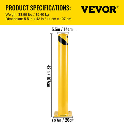 Safety Bollard, 42 Inch Height Bollard Post, 5.5 Inch Diameter Steel Pipe Safety Bollard Post, Yellow Steel Bollard, Steel Safety Bollard with 8 Anchor Bolts, Perfect for Traffic-Sensitive Area
