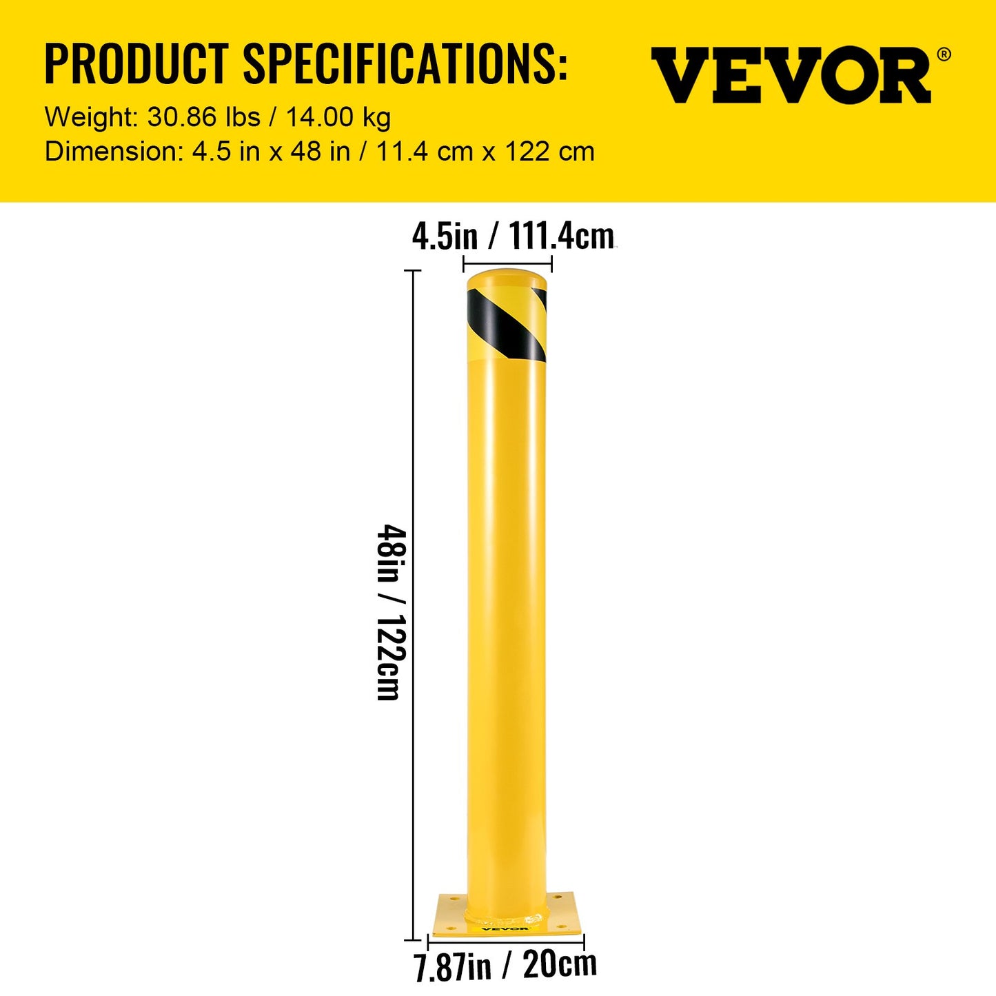 Safety Bollard, 48 Inch Height Bollard Post, 4.5 Inch Diameter Steel Pipe Safety Bollard Post, Yellow Steel Bollard, Steel Safety Bollard with 8 Anchor Bolts, Perfect for Traffic-Sensitive Area