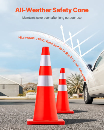 Safety Cones, 28 in/73 cm Height, 12 PCS PVC Orange Traffic Cone with 2 Reflective Collars and Weighted Base, Used for Traffic Control, Driveway Road Parking and School Improvement
