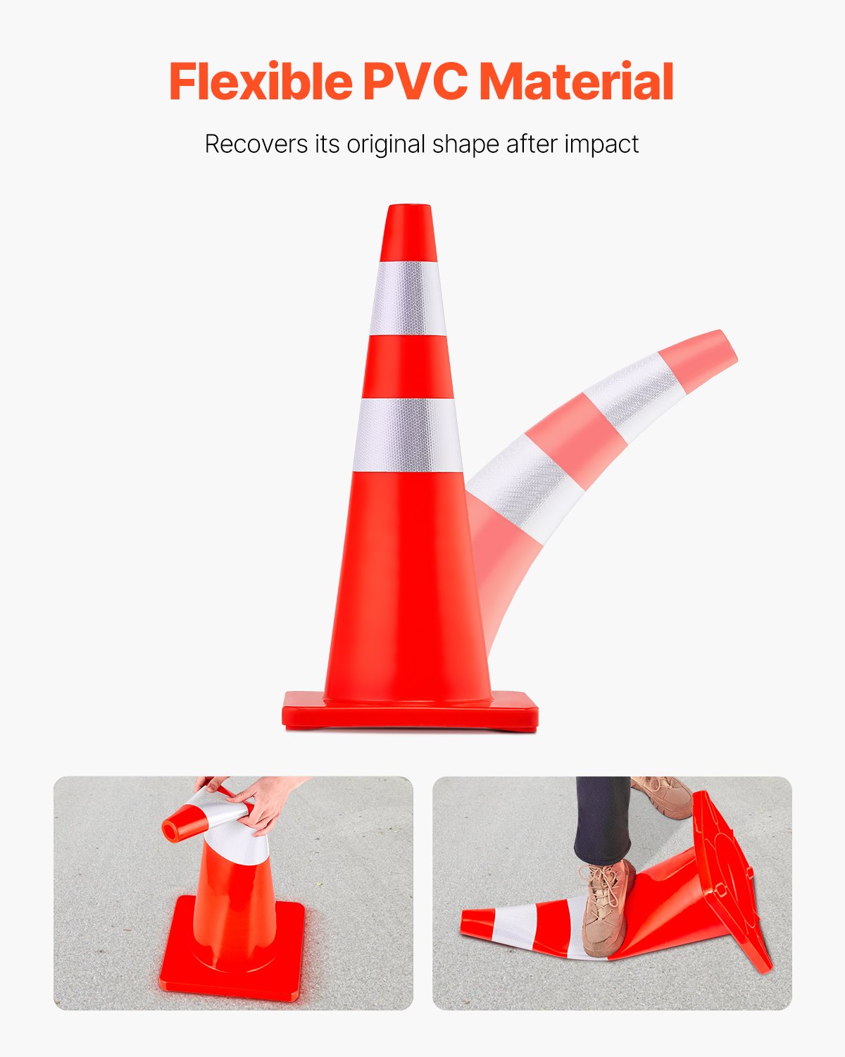 Safety Cones, 28 in/73 cm Height, 12 PCS PVC Orange Traffic Cone with 2 Reflective Collars and Weighted Base, Used for Traffic Control, Driveway Road Parking and School Improvement